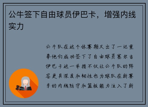 公牛签下自由球员伊巴卡，增强内线实力
