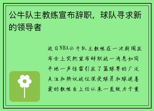 公牛队主教练宣布辞职，球队寻求新的领导者