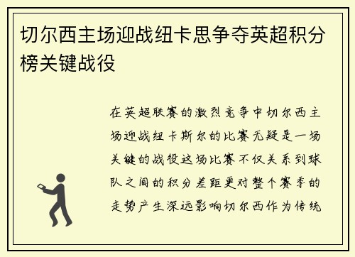 切尔西主场迎战纽卡思争夺英超积分榜关键战役