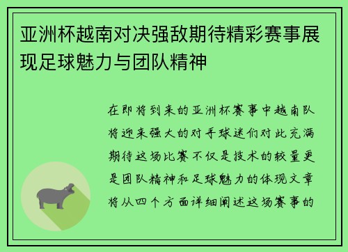 亚洲杯越南对决强敌期待精彩赛事展现足球魅力与团队精神