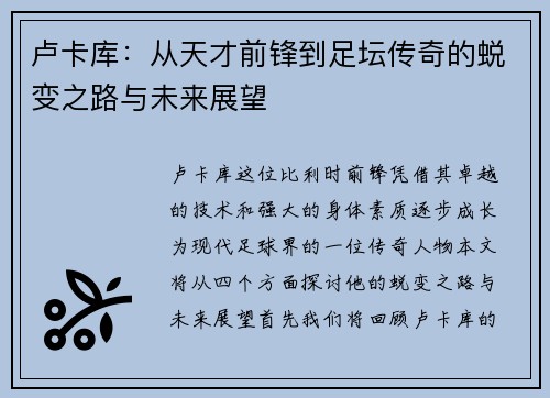 卢卡库:从天才前锋到足坛传奇的蜕变之路与未来展望