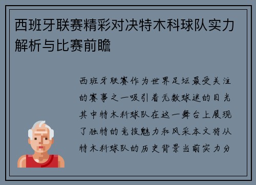 西班牙联赛精彩对决特木科球队实力解析与比赛前瞻