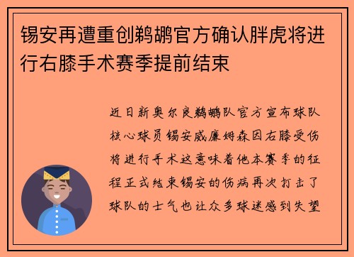 锡安再遭重创鹈鹕官方确认胖虎将进行右膝手术赛季提前结束
