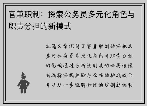 官兼职制:探索公务员多元化角色与职责分担的新模式