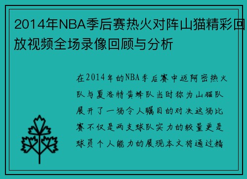 2014年NBA季后赛热火对阵山猫精彩回放视频全场录像回顾与分析