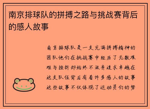 南京排球队的拼搏之路与挑战赛背后的感人故事
