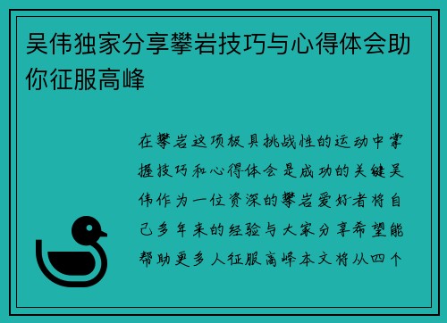 吴伟独家分享攀岩技巧与心得体会助你征服高峰
