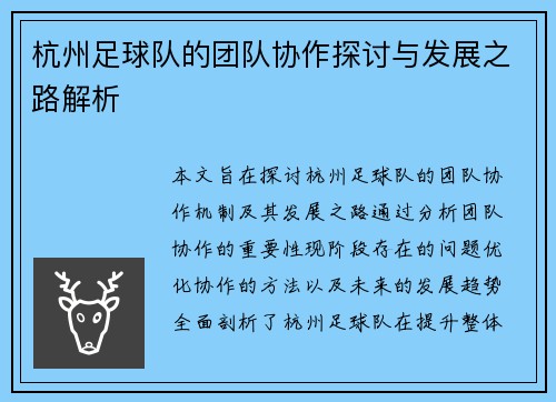 杭州足球队的团队协作探讨与发展之路解析