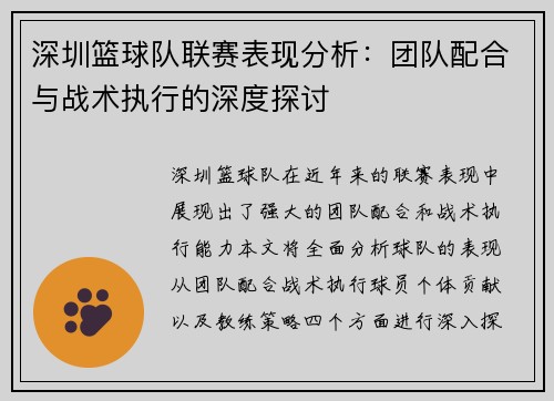 深圳篮球队联赛表现分析：团队配合与战术执行的深度探讨